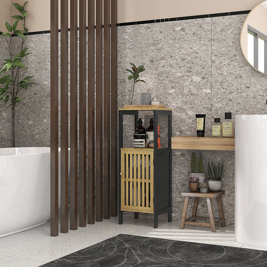 HOMCOM Bamboo-Blend Retro Cut-Out Bathroom Storage Unit, with Cupboard