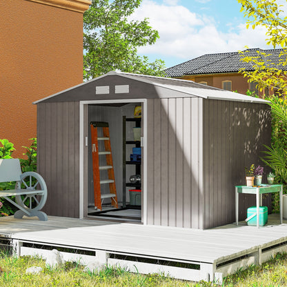 Outsunny 9 x 6ft Steel Garden Shed, Outdoor Storage Tool House with Vents, Foundation and Lockable Double Doors, Brown