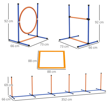 PawHut Dog Agility Training Equipment with Weave Poles, Jump Ring, Pause Box, Adjustable Hurdle, Carry Bag, Orange