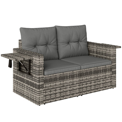 Outsunny 2 Seater Rattan Garden Sofa Outdoor Loveseat with Hidden Side Trays and Cushions for Patio Balcony, Dark Grey