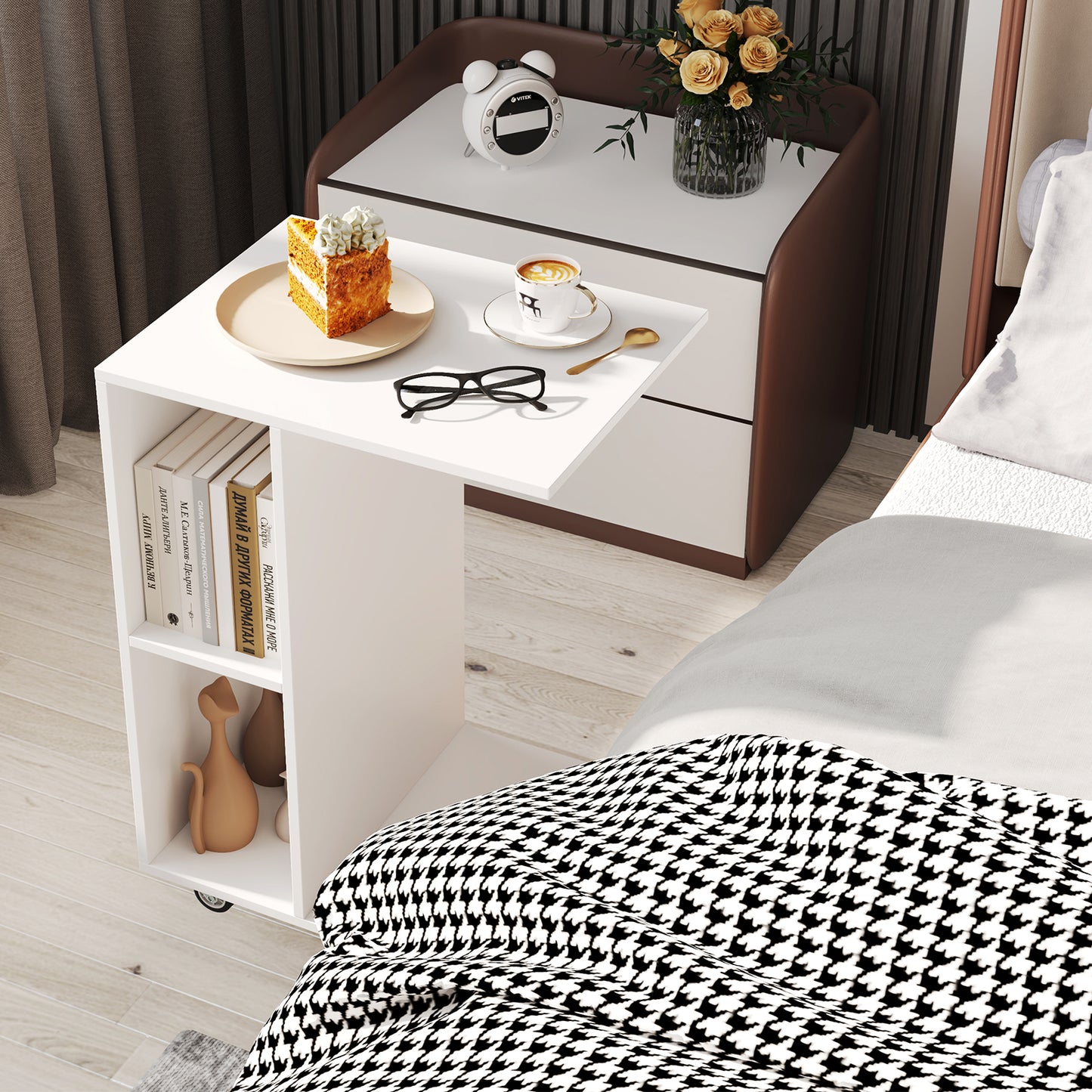 C-Shaped End Table Narrow Side Table with Storage Shelves-White