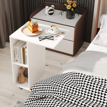C-Shaped End Table Narrow Side Table with Storage Shelves-White