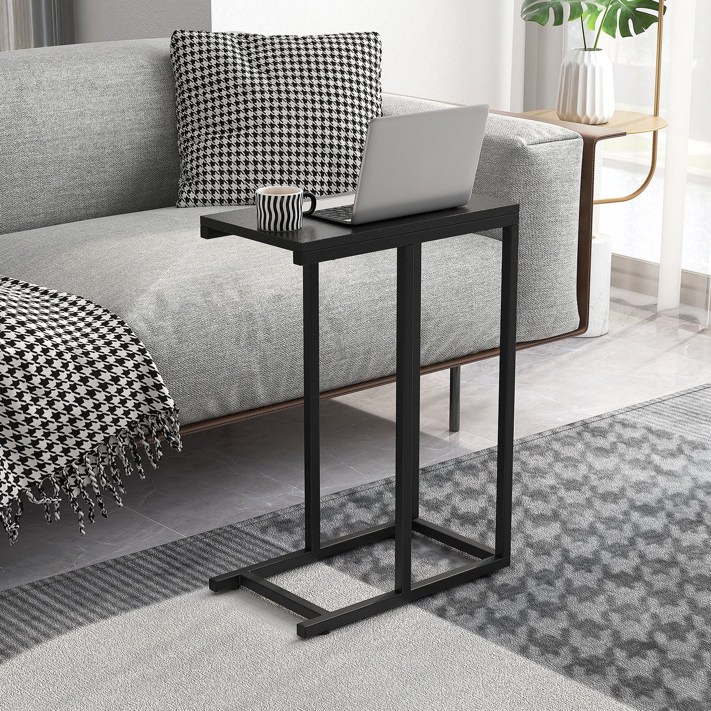 C-Shaped End Table for Couch and Bed with Metal Frame-Black