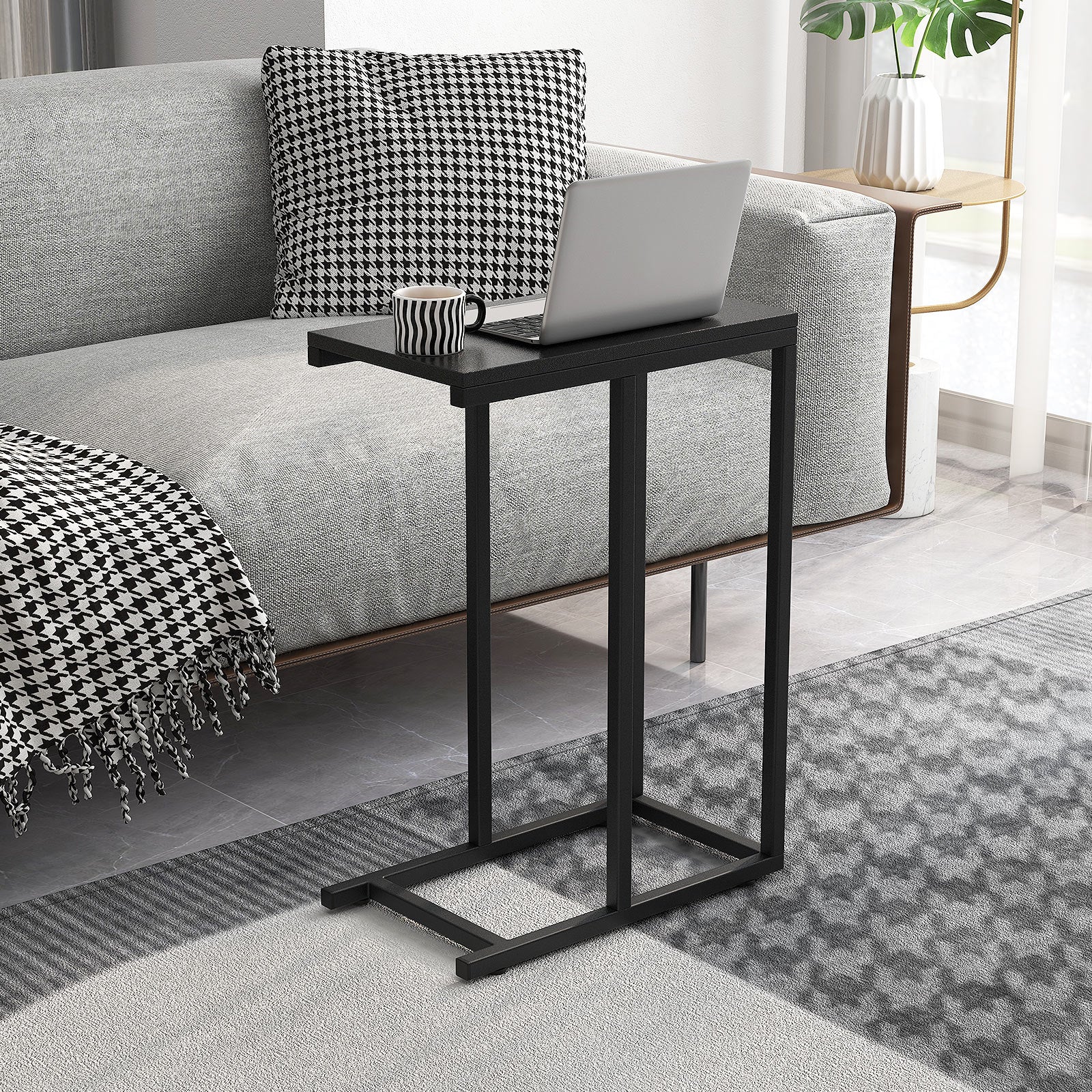 C-Shaped End Table for Couch and Bed with Metal Frame-Black