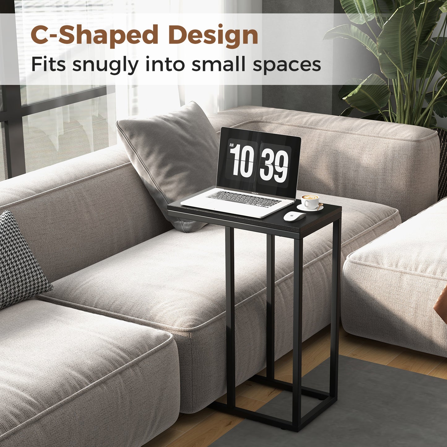 C-Shaped End Table for Couch and Bed with Metal Frame-Black