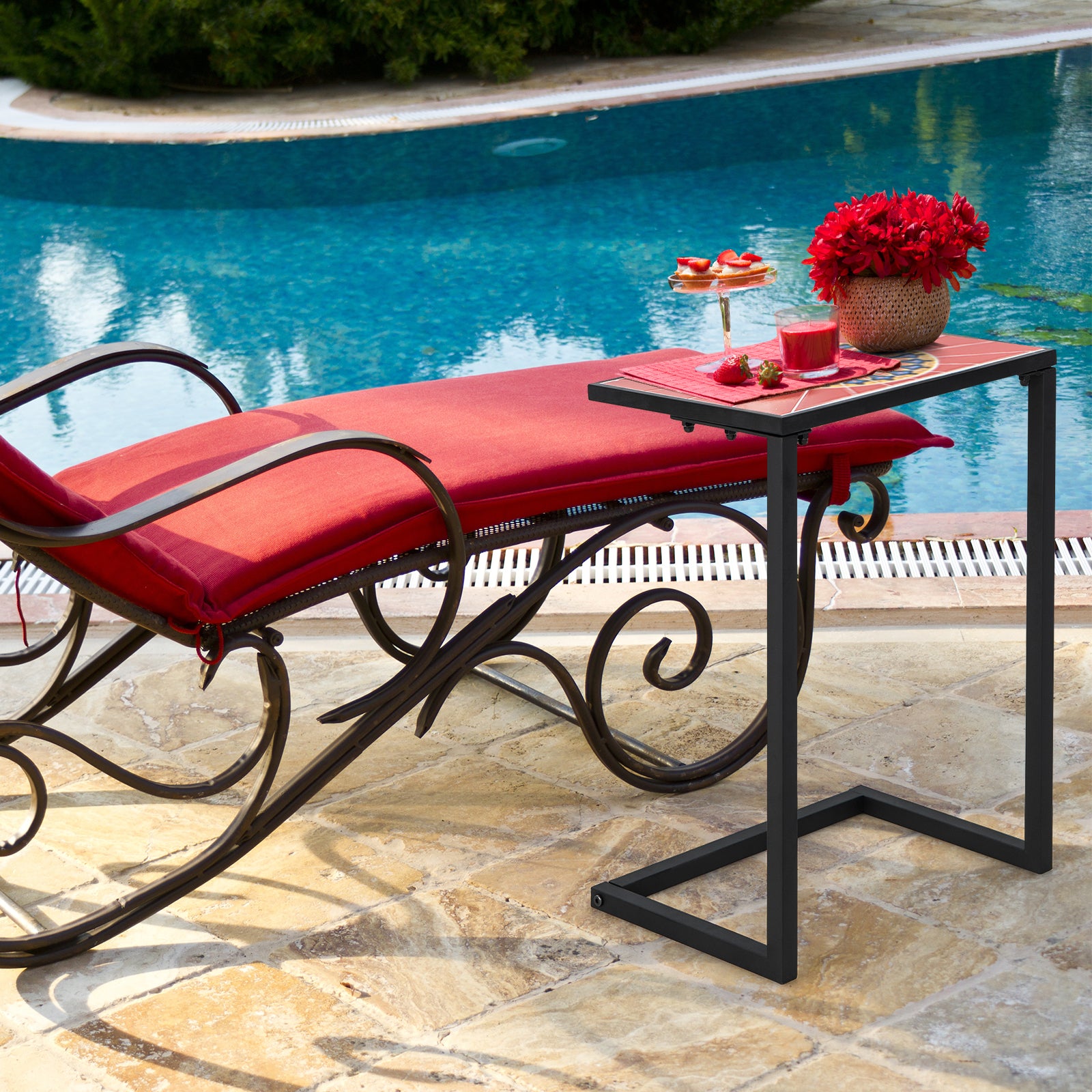 C-shaped Outdoor Side Table with Ceramic Top and Metal Frame