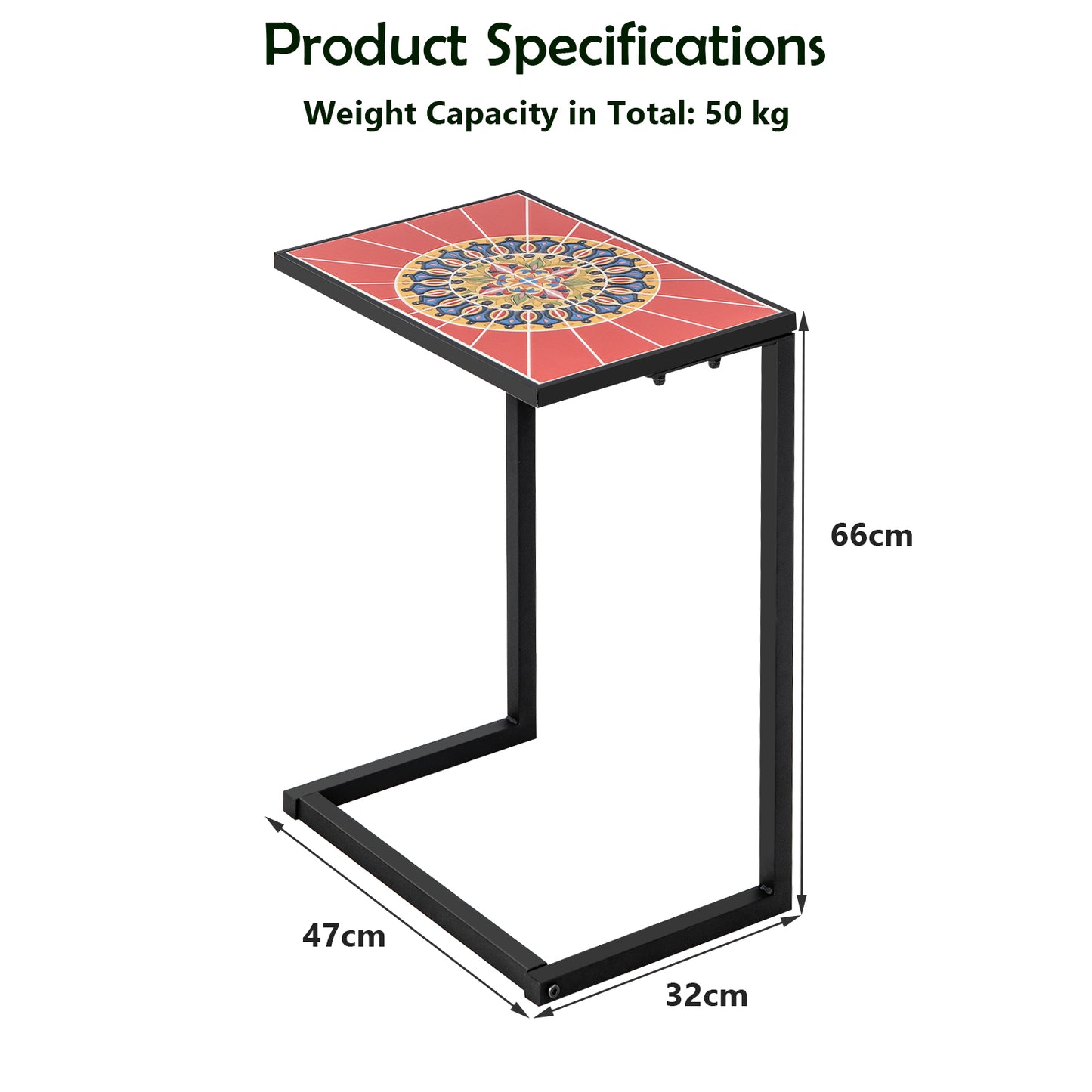 C-shaped Outdoor Side Table with Ceramic Top and Metal Frame