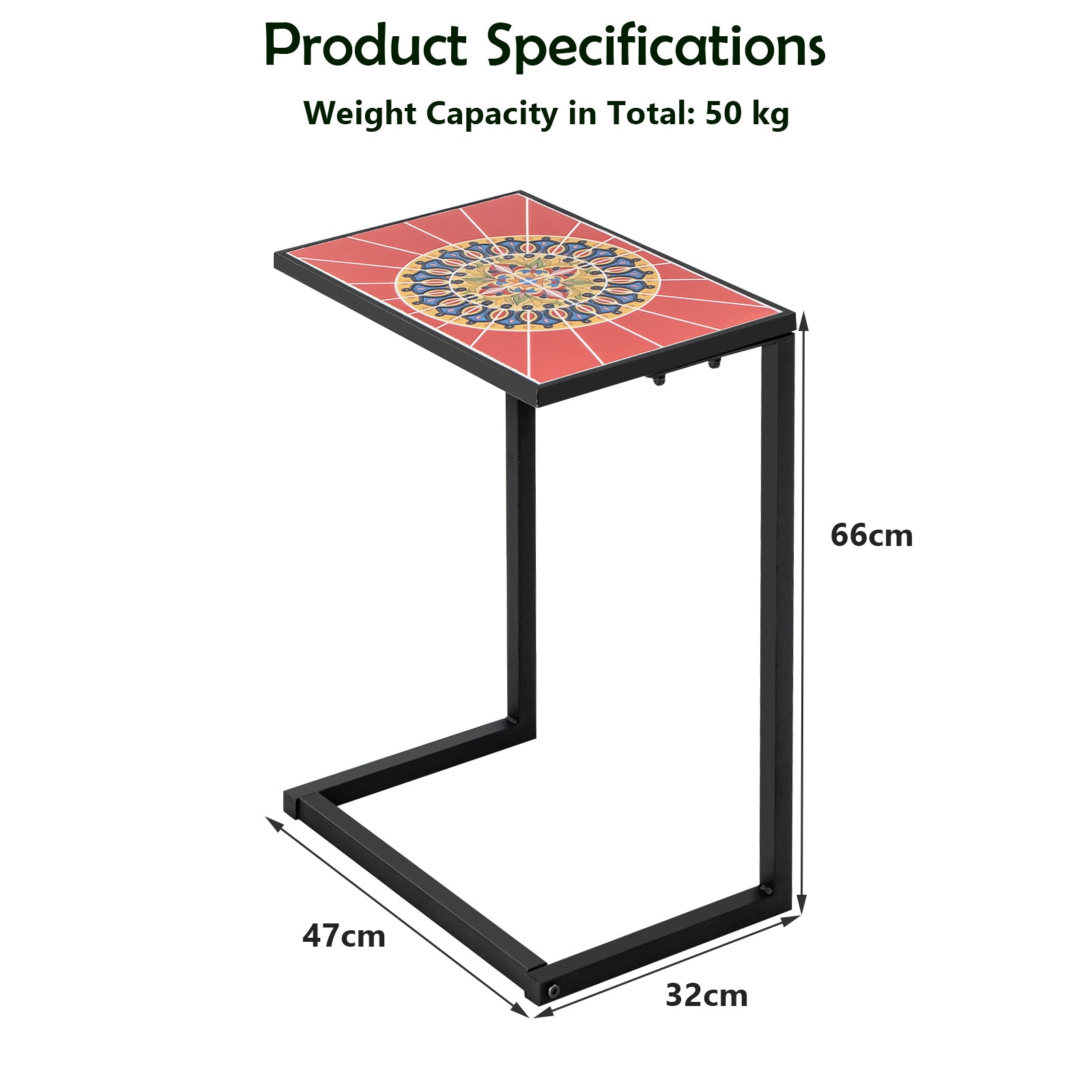 C-shaped Outdoor Side Table with Ceramic Top and Metal Frame