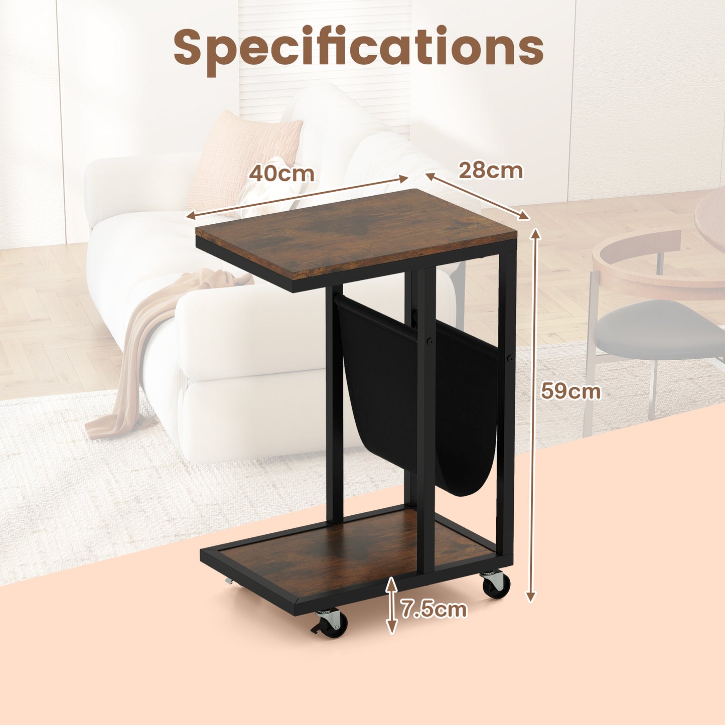 C-shaped Side Table on Wheels with Storage Pouch for Living Room and Bedroom-Rustic Brown
