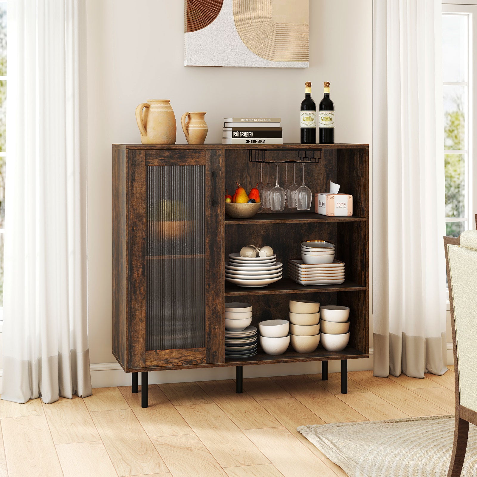 Cabinet Sideboard with Door Adjustable Shelf and Wine Holders-Rustic Brown