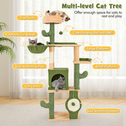 160 CM Cactus Cat Tree with Sisal Scratching Posts for Indoor Cats