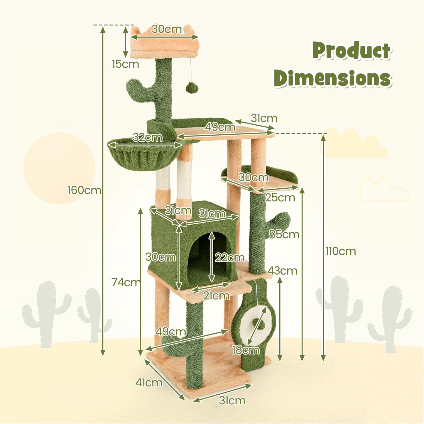 160 CM Cactus Cat Tree with Sisal Scratching Posts for Indoor Cats