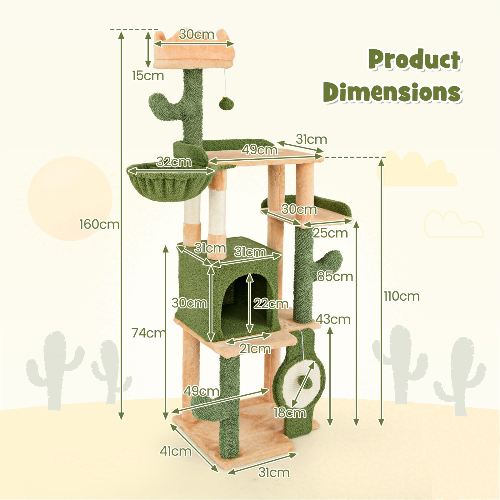 160 CM Cactus Cat Tree with Sisal Scratching Posts for Indoor Cats