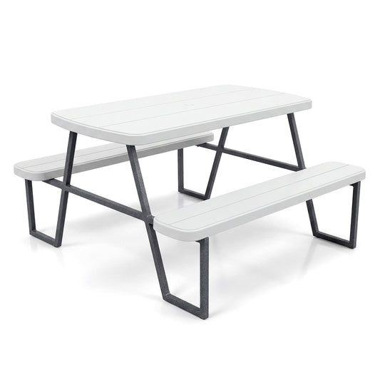 Camping Table and Chairs with Umbrella Hole and Metal Frame for Boys Girls Ages 3-8-White
