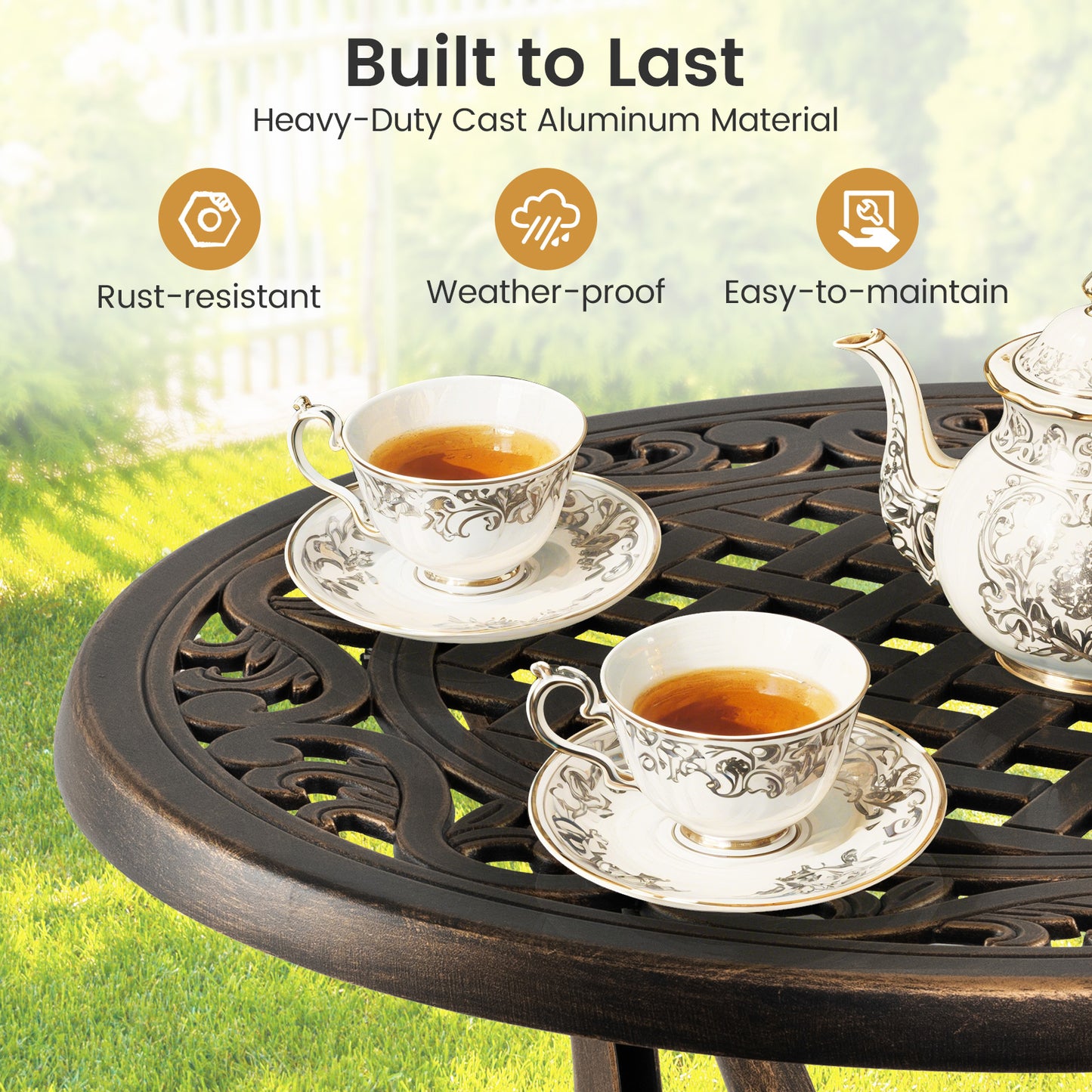 Cast Aluminum Patio Side Table with Floral Hollow-out Pattern-Bronze