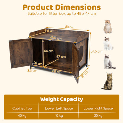 Cat Litter Box Enclosure with 2 Barn Doors Metal Legs and Side Entrance-Rustic Brown
