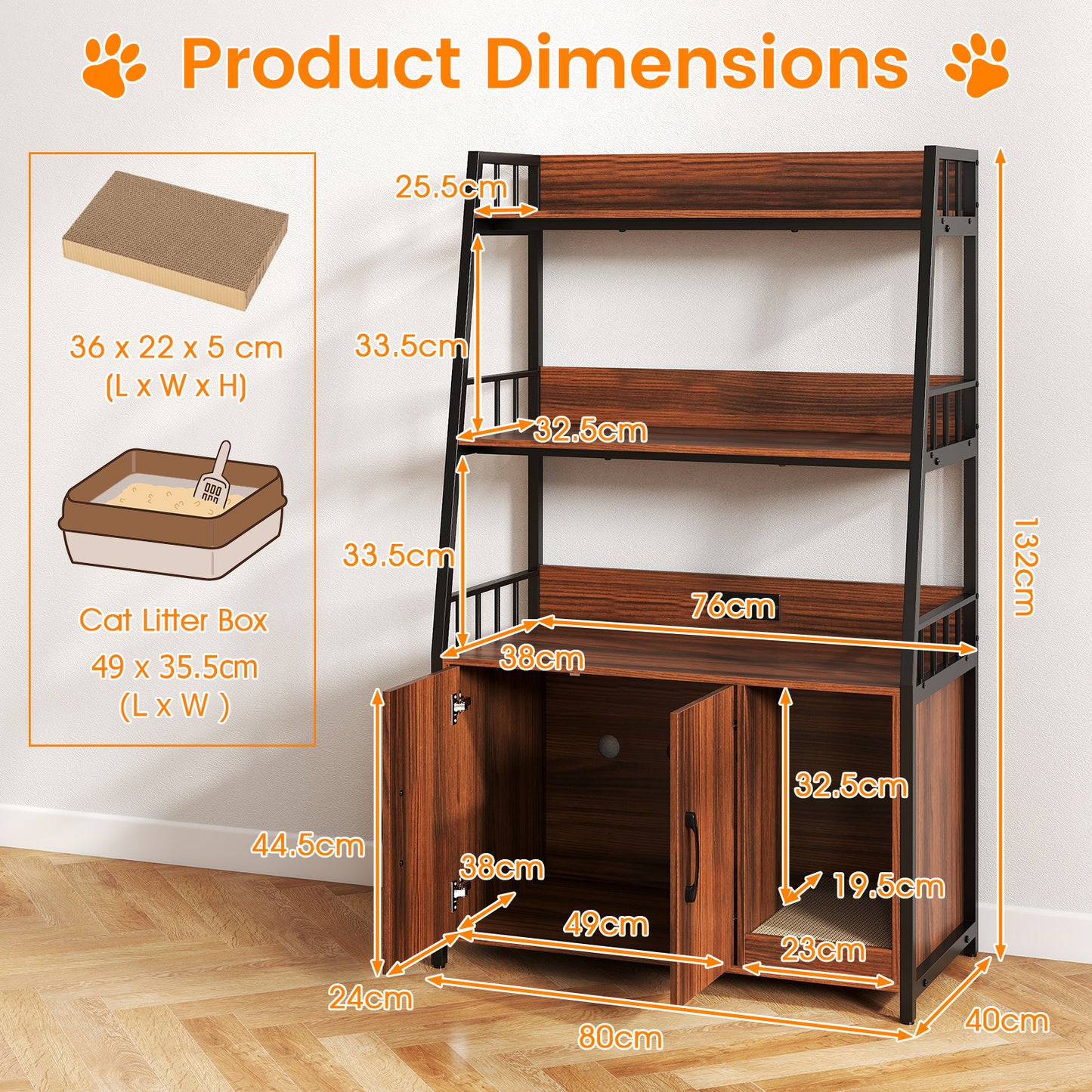 Cat Litter Box Enclosure with Storage Shelves and Scratching Pad-Walnut
