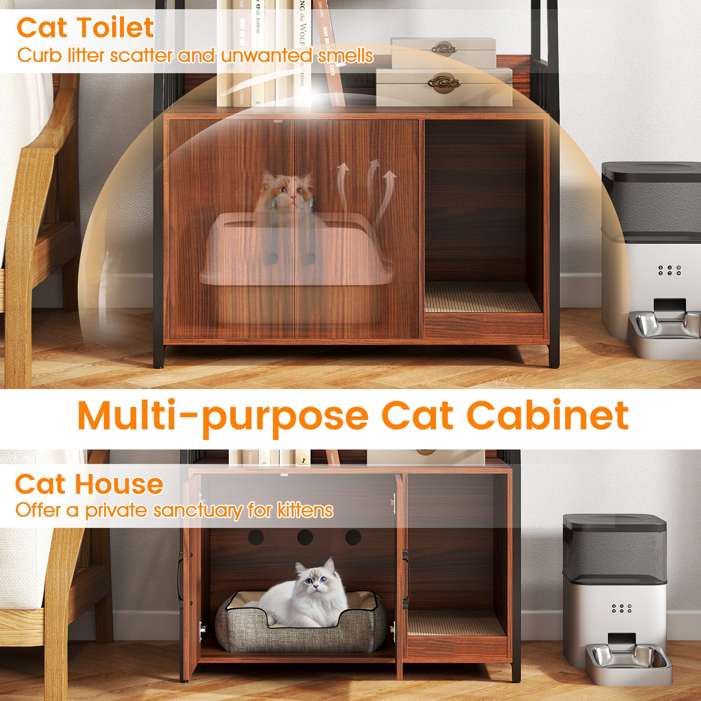 Cat Litter Box Enclosure with Storage Shelves and Scratching Pad-Walnut