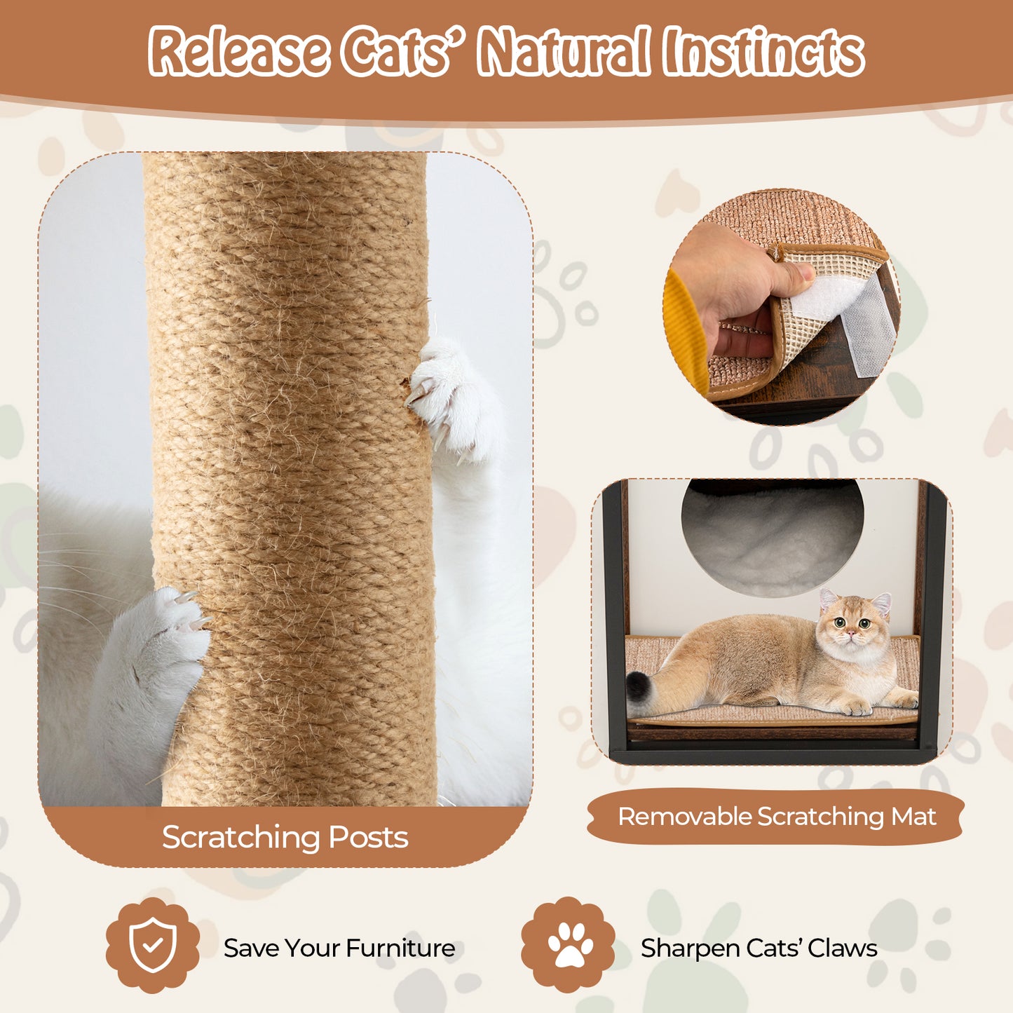 Cat Furniture End Table Cat House with Scratching Post-Rustic Brown
