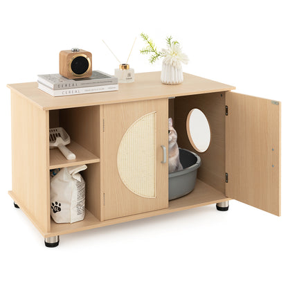 Cat Litter Box Enclosure with Sisal Scratching Doors and Adjustable Metal Feet-Natural