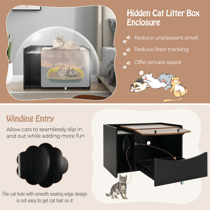 Cat Litter Box Enclosure with Pull-out Drawer, Rolling Caster and Flip Door-Black &amp; Brown