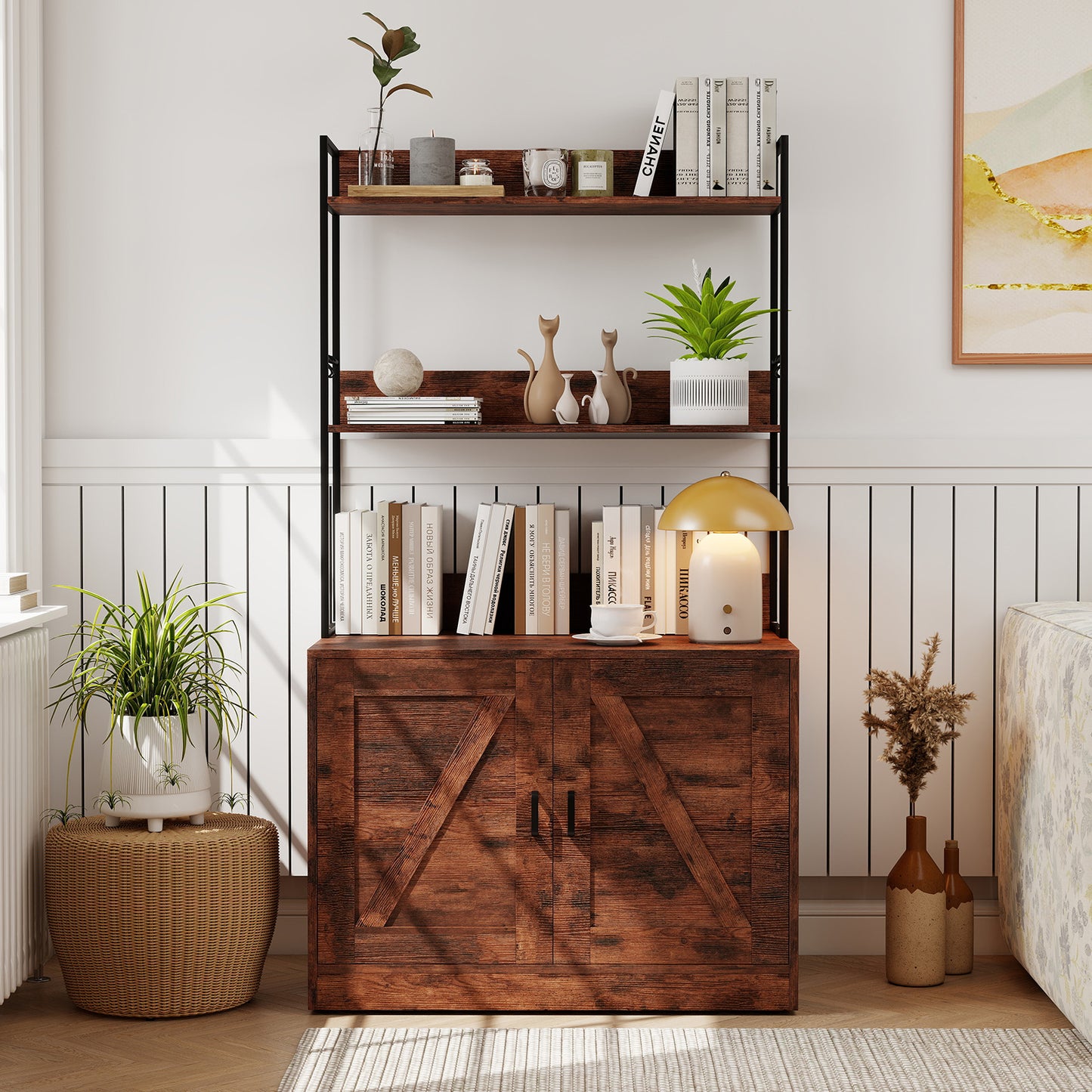 Modern Cat Litter Box Enclosure Cabinet with 3-Tier Shelves Metal Frame-Brown