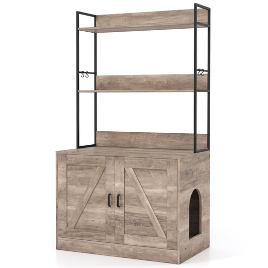 Modern Cat Litter Box Enclosure Cabinet with 3-Tier Shelves Metal Frame-Grey