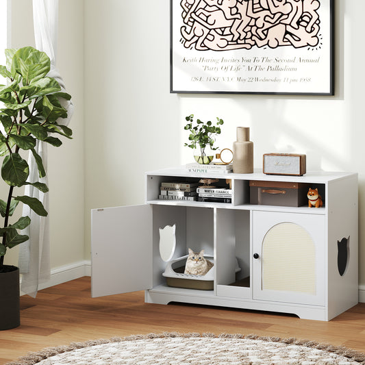 Cat Litter Box Enclosure for 2 Cats with Storage Double Rooms Scratching Board-White