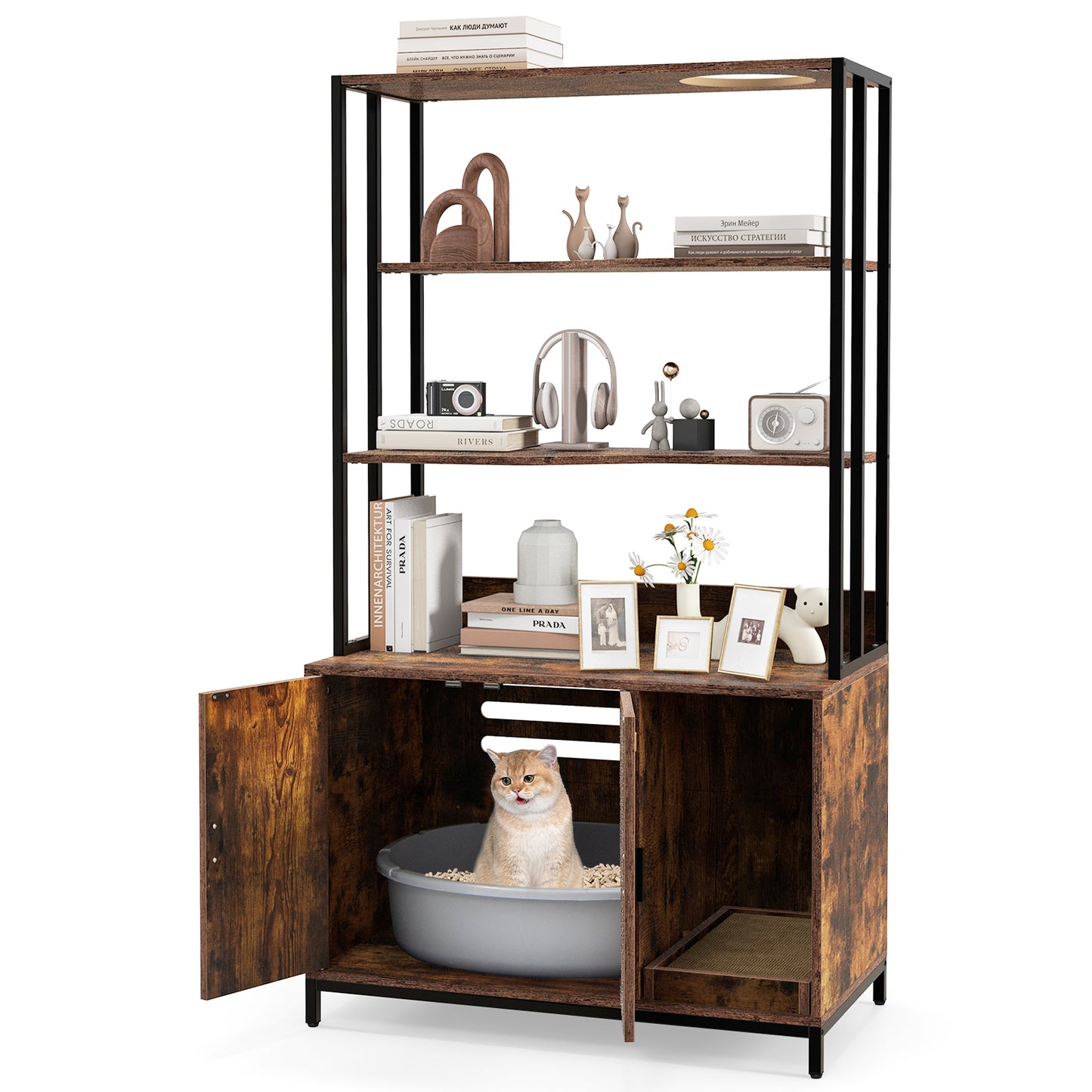 Cat Litter Box Enclosure with Storage and Shelves-Coffee