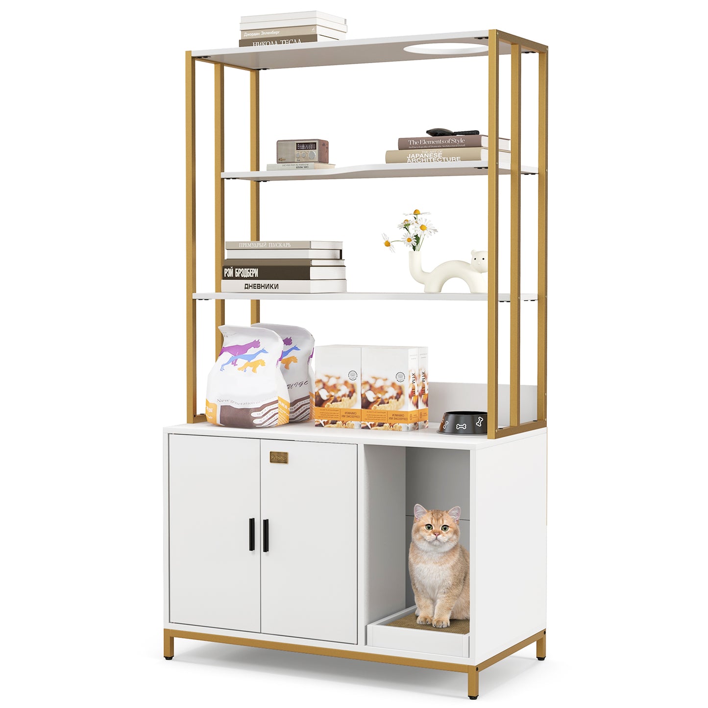 Cat Litter Box Enclosure with Storage and Shelves-White