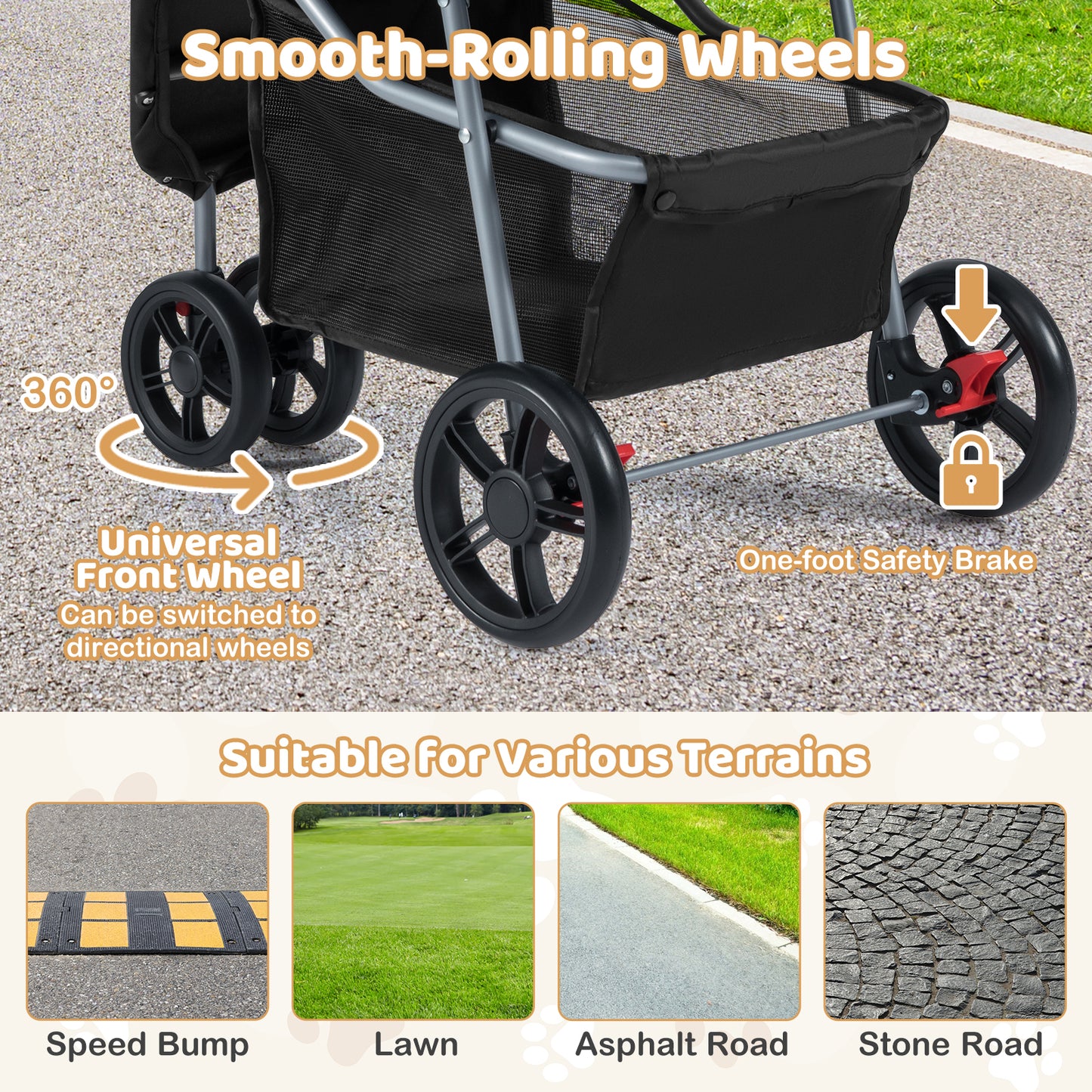 Pet Stroller with Adjustable Canopy and 3 Shock-absorbing Wheels-Black