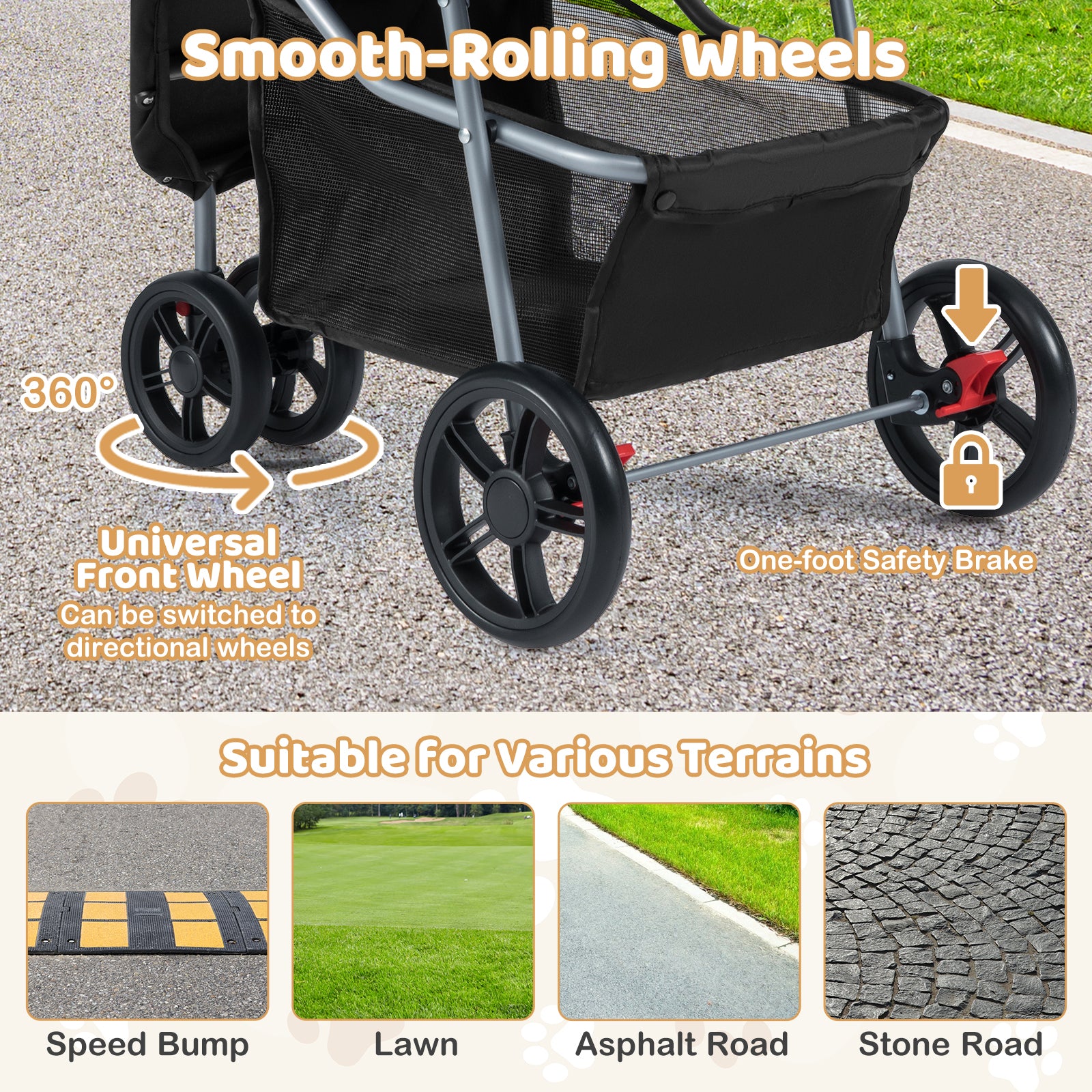 Pet Stroller with Adjustable Canopy and 3 Shock-absorbing Wheels-Black