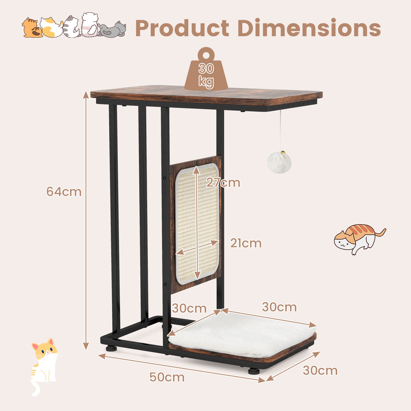 Cat Tree and End Table with Scratching Board and Cushion-Rustic Brown