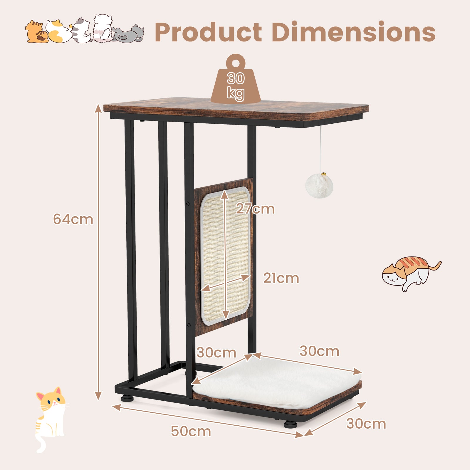 Cat Tree and End Table with Scratching Board and Cushion-Rustic Brown