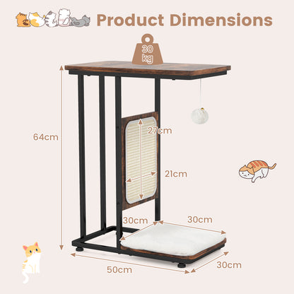 Cat Tree and End Table with Scratching Board and Cushion-Rustic Brown