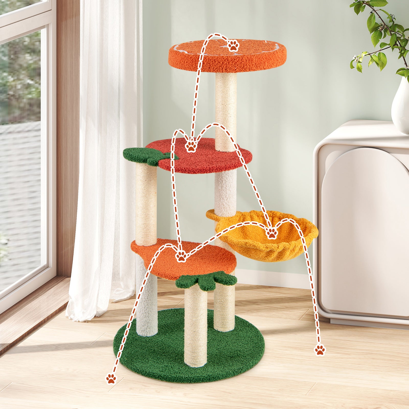 Multi-level Cat Tree with Fruit-shaped Platforms and Rotatable Side Basket-Multicolor