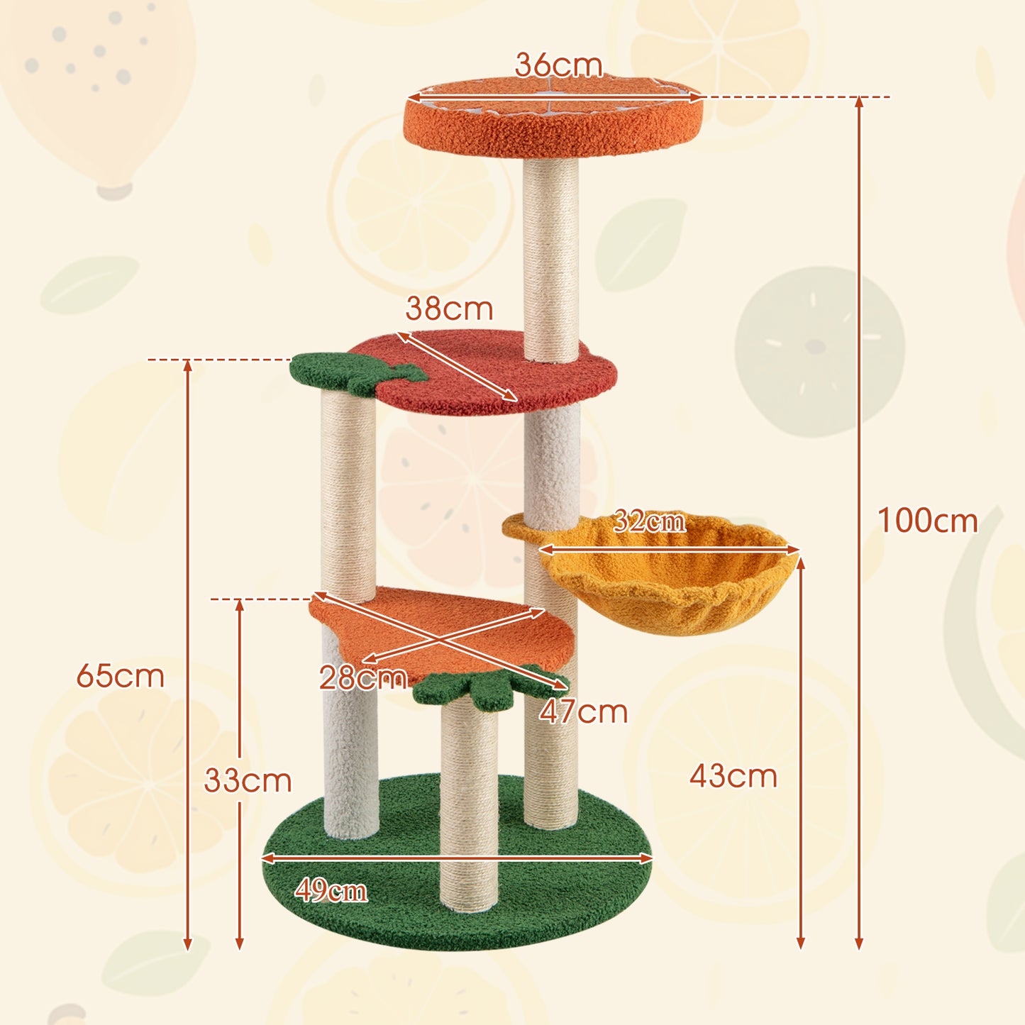Multi-level Cat Tree with Fruit-shaped Platforms and Rotatable Side Basket-Multicolor