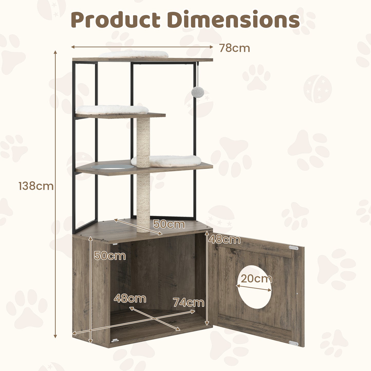 Cat Tree with Litter Box Enclosure with 2 Scratching Posts and 3 Mats-Brown