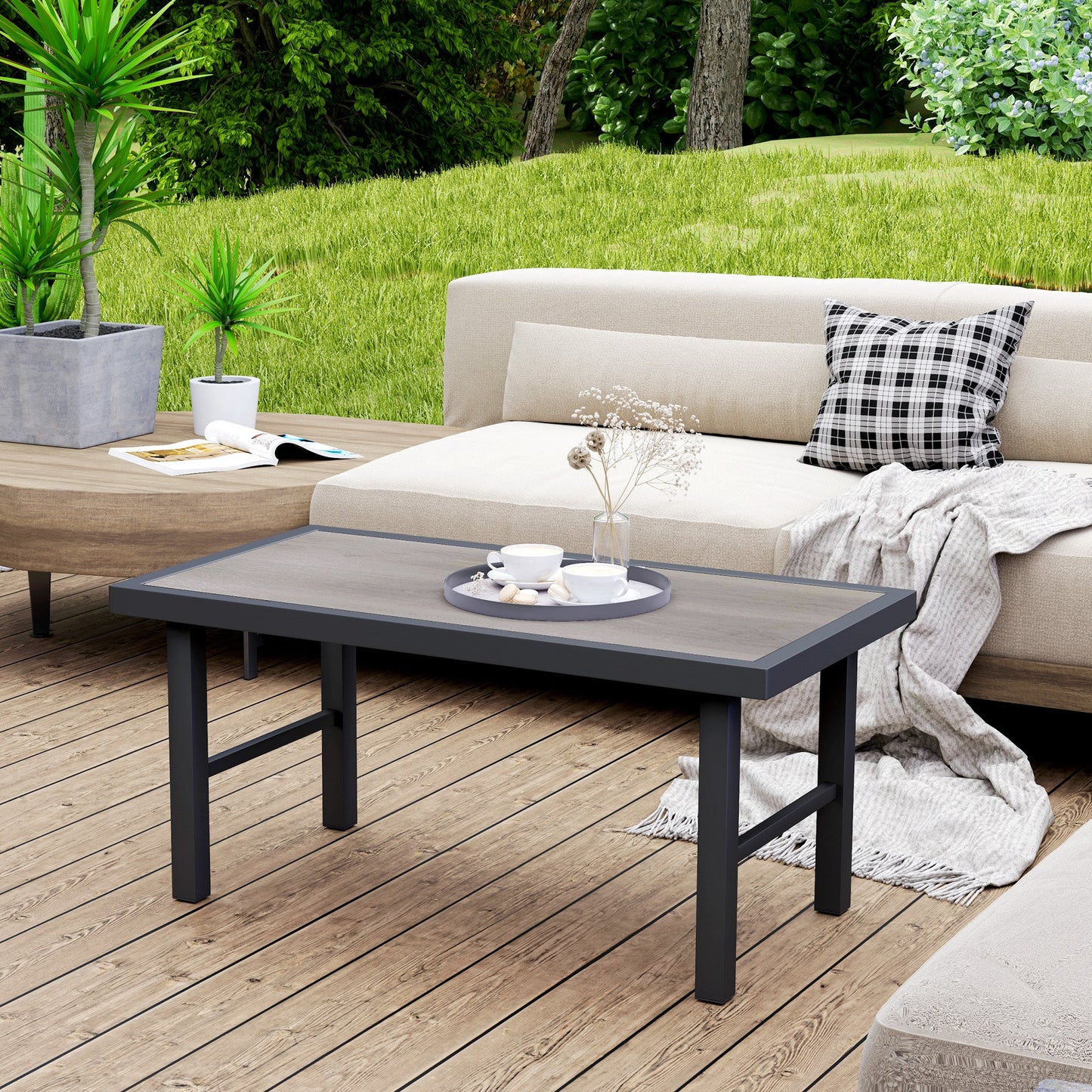 Outsunny Metal Garden Coffee Table, Outdoor Side Table with SPC Woodgrain Tabletop for Outside, Garden, Balcony, Porch, 100 x 53 x 46cm, Grey