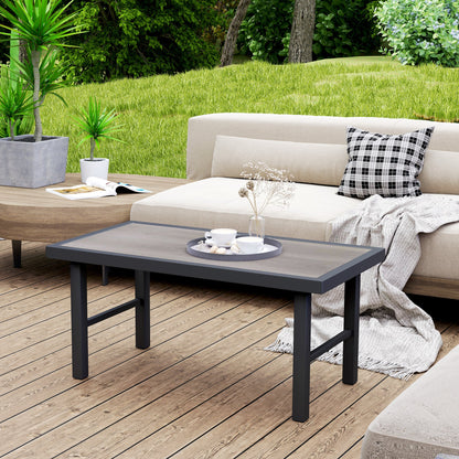 Outsunny Metal Garden Coffee Table, Outdoor Side Table with SPC Woodgrain Tabletop for Outside, Garden, Balcony, Porch, 100 x 53 x 46cm, Grey