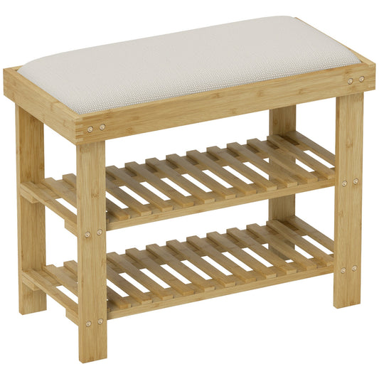 HOMCOM Bamboo Shoe Storage Bench, 3-Tier Shoe Bench with Seat Cushion, Shoe Rack for Entryway, Hallway, Living Room, Bedroom, Cream White
