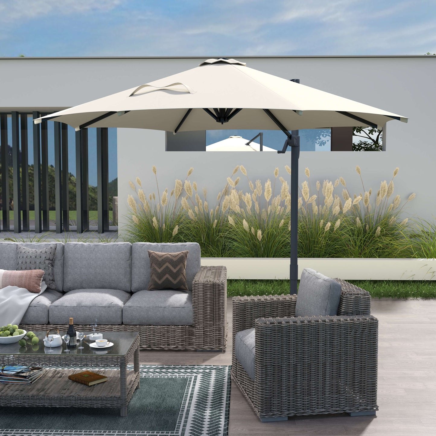 Outsunny Round Umbrella Parasol W/ Tilt 360 degrees Rotation and Hand Crank Cross Base-Beige