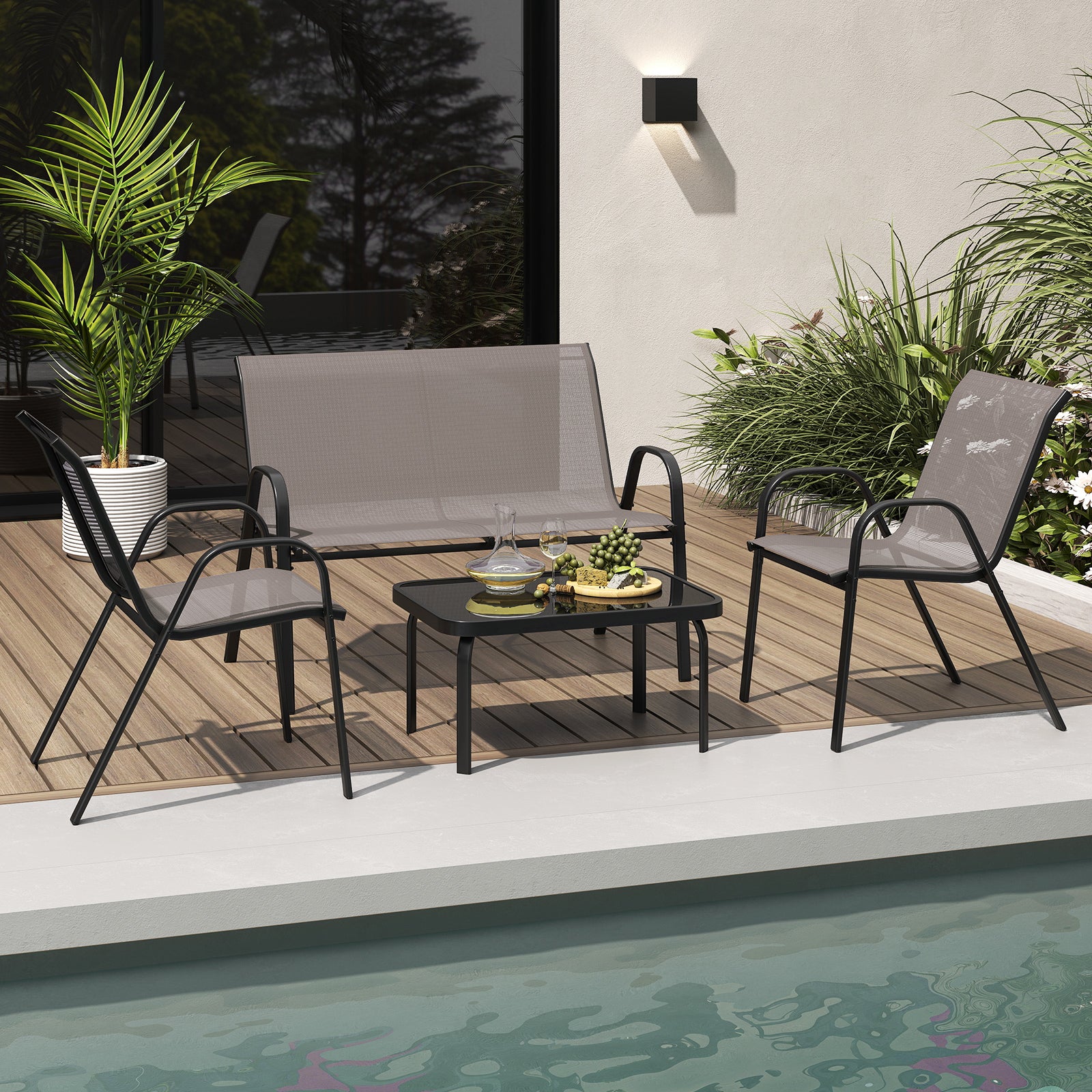 4 Piece Modern Chair and Table Set with Fabric Seat and Tempered Glass Tabletop-Grey
