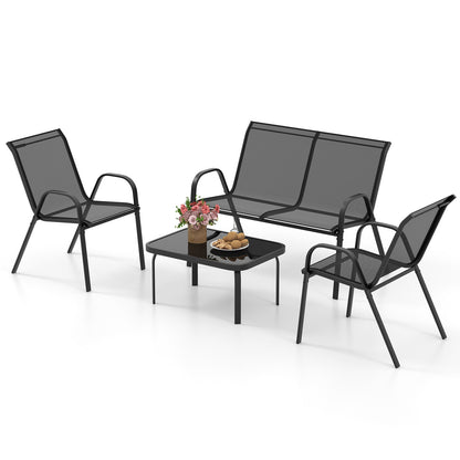 4 Piece Modern Chair and Table Set with Fabric Seat and Tempered Glass Tabletop-Black