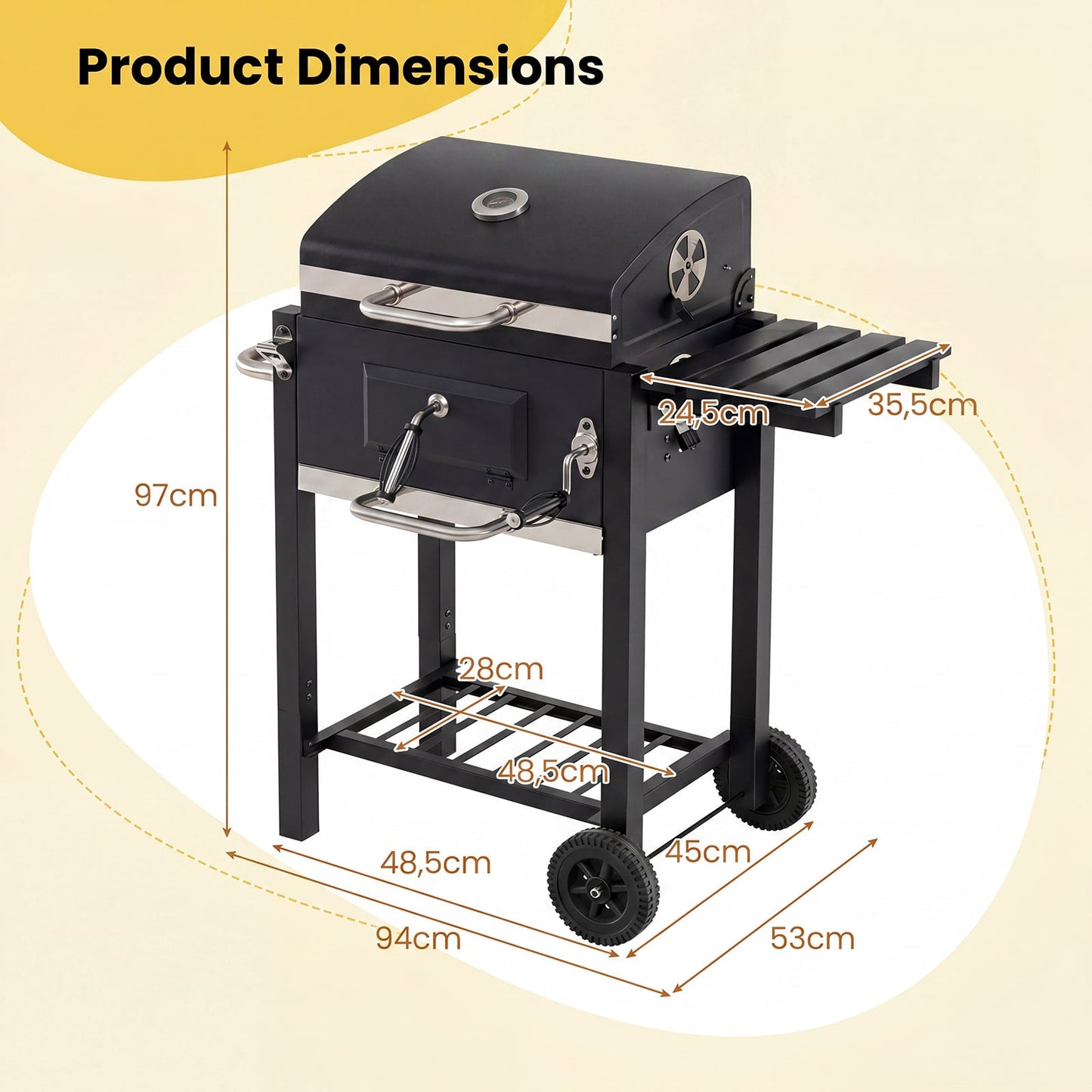 Charcoal Grill with Wheels Portable BBQ Grill with Adjustable Charcoal Tray-Black