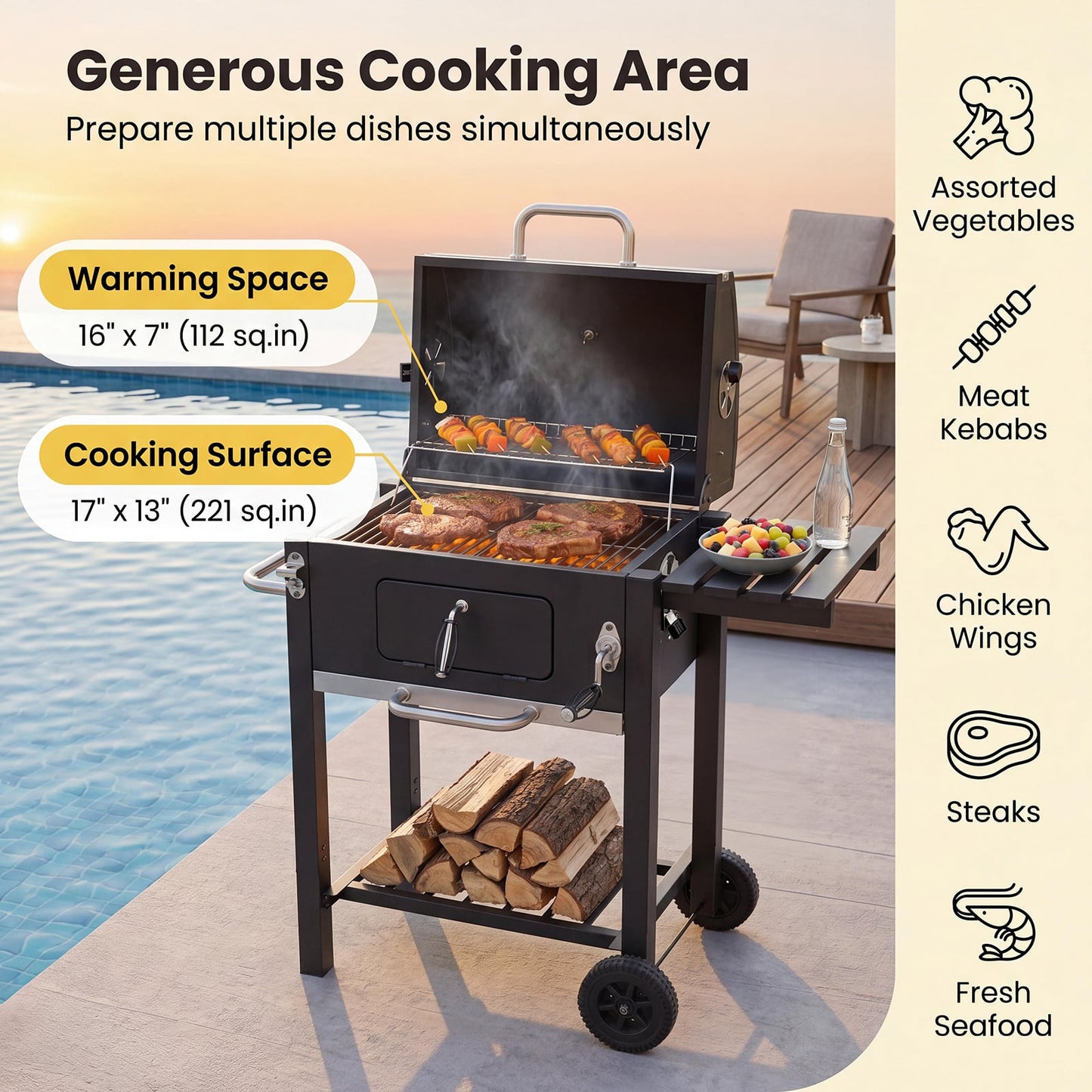 Charcoal Grill with Wheels Portable BBQ Grill with Adjustable Charcoal Tray-Black