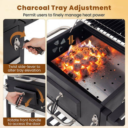 Charcoal Grill with Wheels Portable BBQ Grill with Adjustable Charcoal Tray-Black