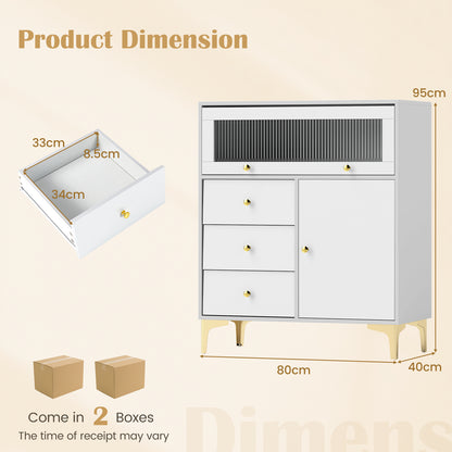 Chest of Drawers with Flip Up Fluted Glass Door and Pull-out Drawers-Grey
