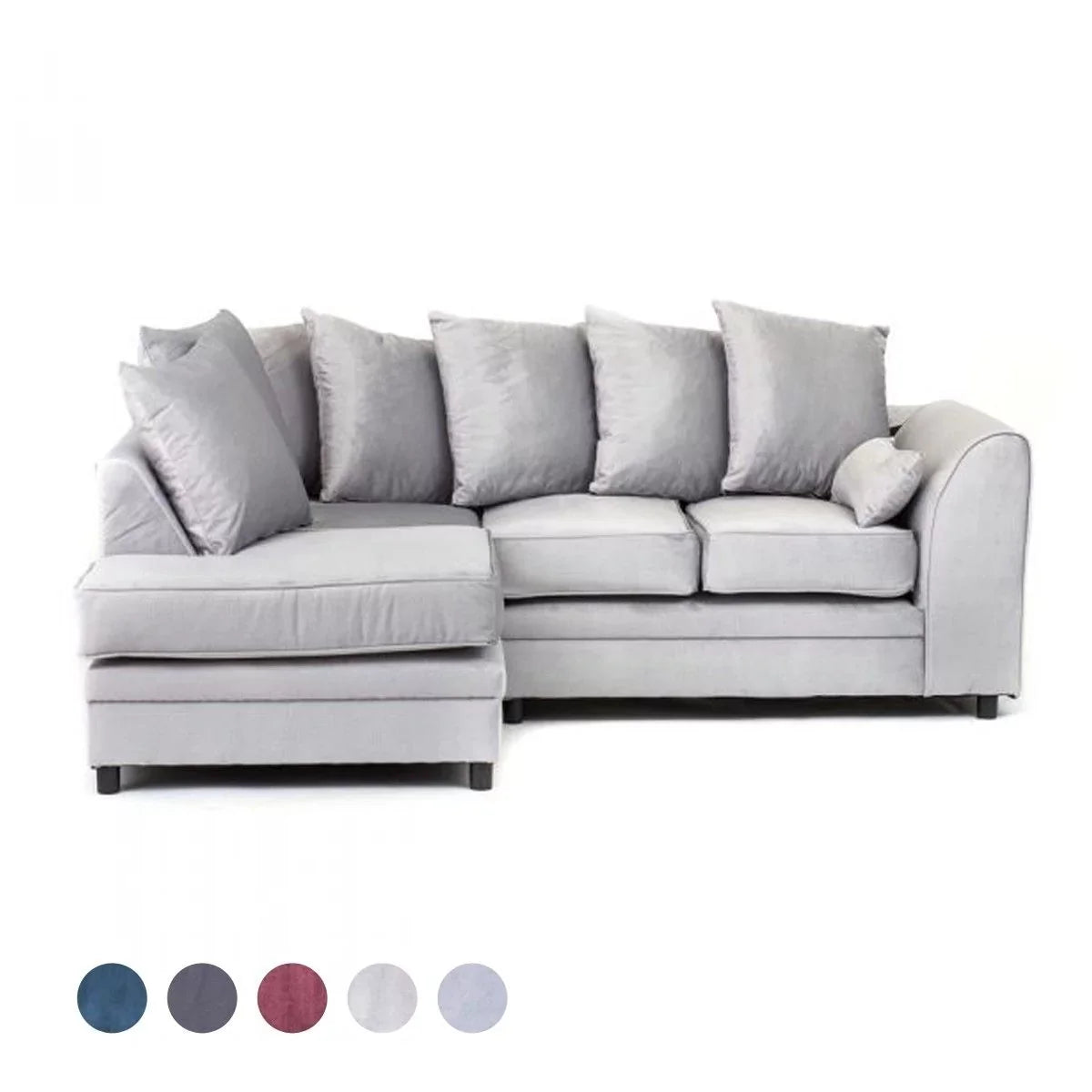 A light grey velvet corner sofa with multiple cushions, showcasing its design and color against a white background with a label at the bottom corner.