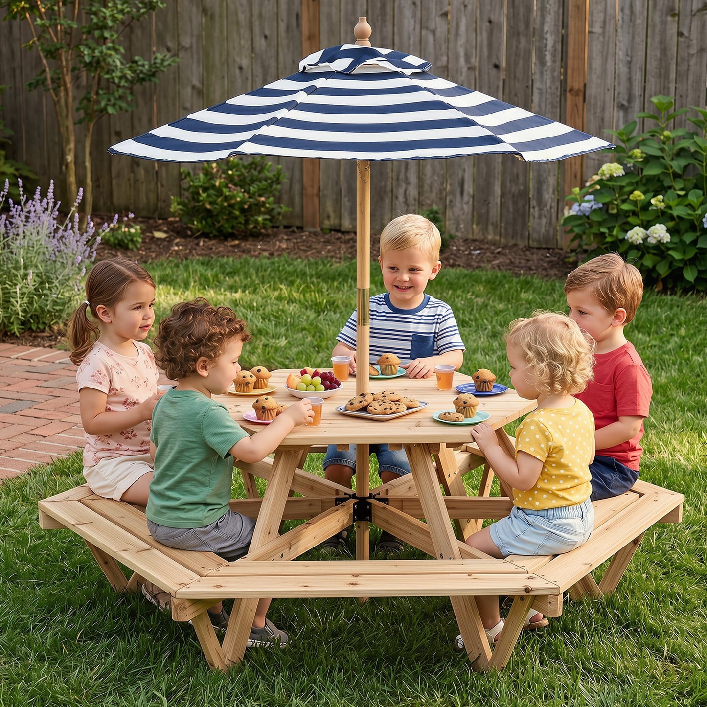 Children Activity Table with Chairs and Umbrella for Backyard or Patio Use-Natural